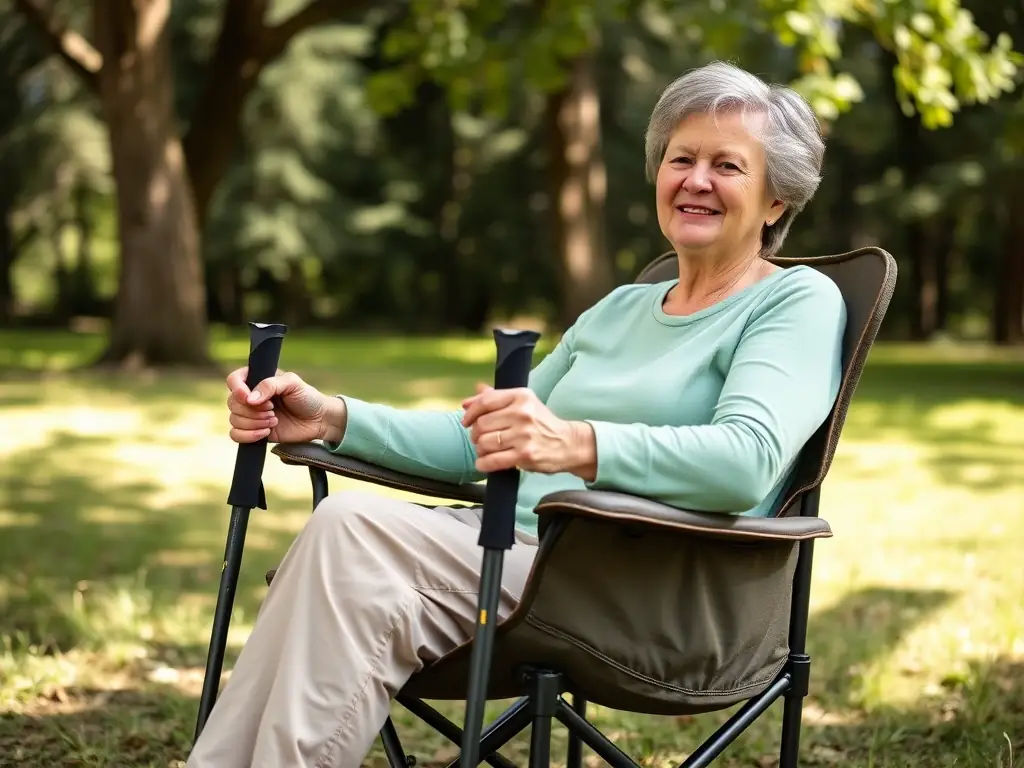 An image of a senior camper comfortably seated in a camping chair, using adjustable trekking poles for support, showcasing the importance of comfortable and supportive gear.