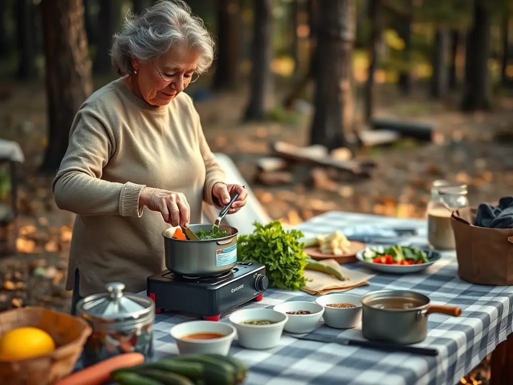 A close-up shot of a senior camper preparing a simple, nutritious meal at a campsite, emphasizing the importance of healthy eating habits.