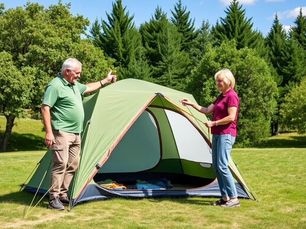 A serene image of a senior couple setting up a tent at a campsite, with a focus on ergonomic tools and easy-to-handle equipment.