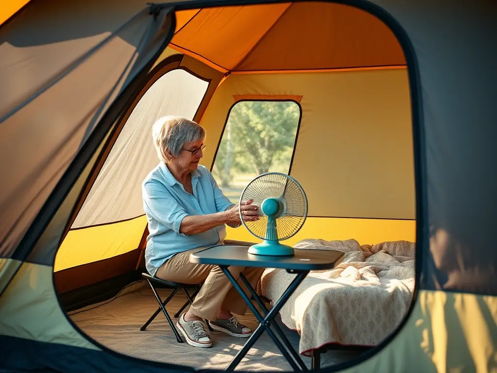 A senior camper is shown adjusting a portable fan inside their tent, highlighting a simple solution for staying cool in warm weather. The tent is spacious and well-ventilated, emphasizing comfort.