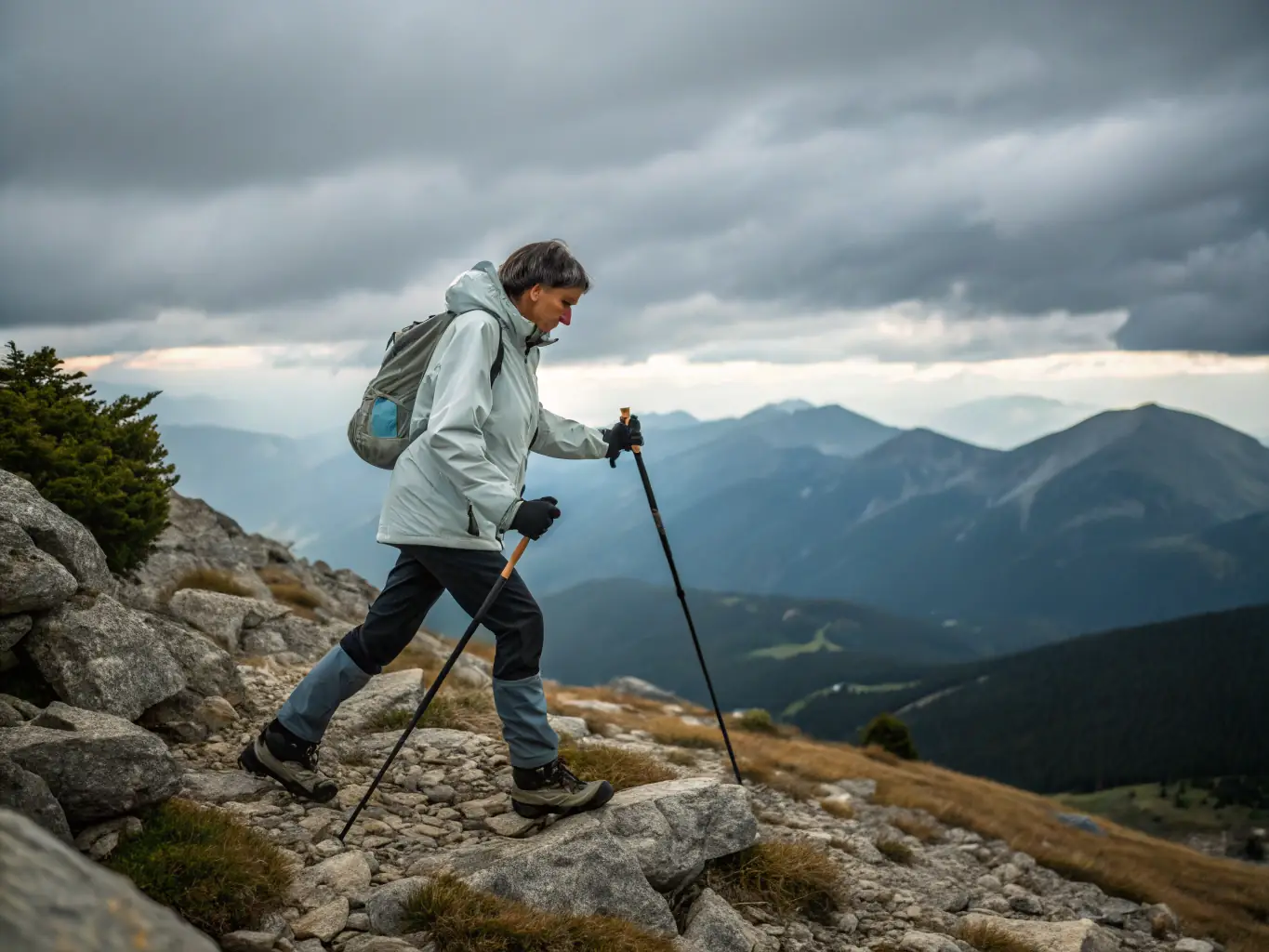 A senior camper is shown using trekking poles while hiking on a well-maintained trail, with a supportive knee brace visible.