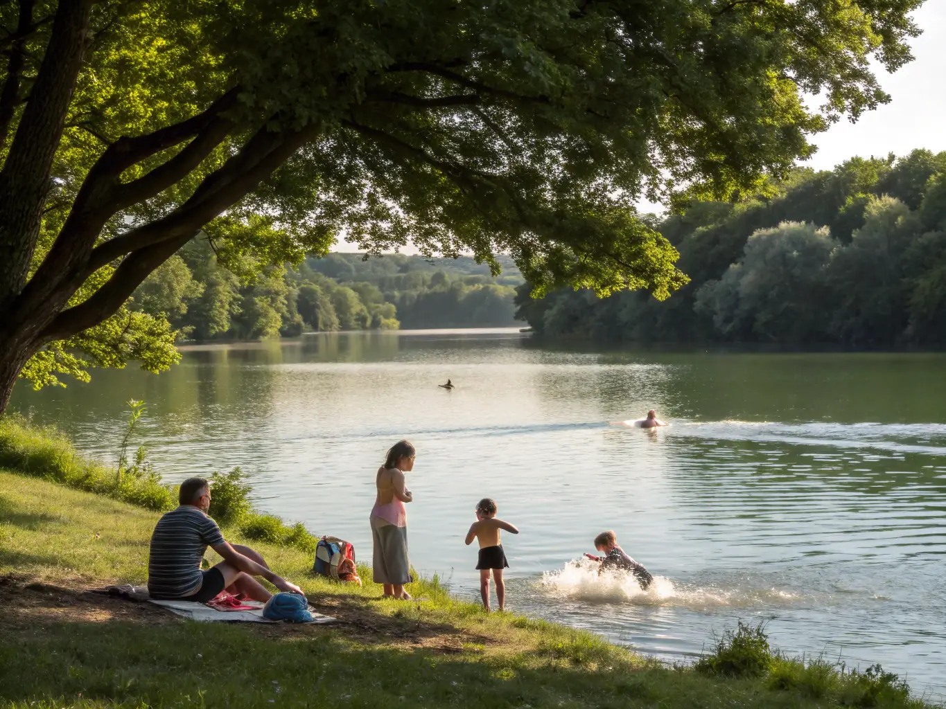 A serene image of a campground with various recreational activities such as fishing, bird watching, and gentle hiking trails, highlighting the diverse range of leisure options available for senior campers.