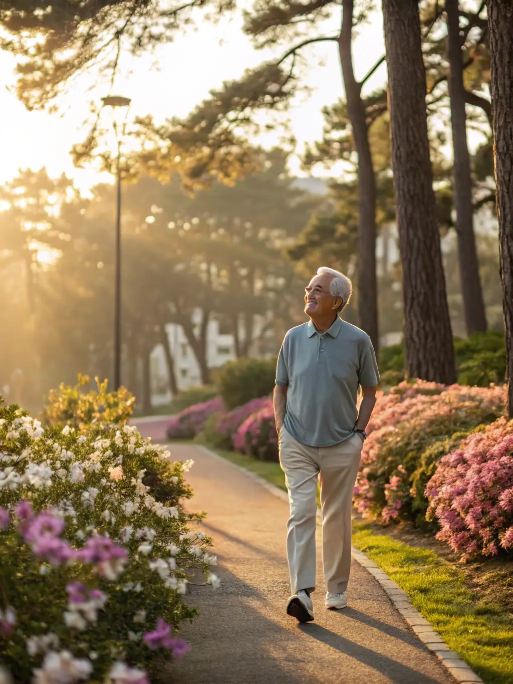 A set of adjustable trekking poles, with a senior man using them on a gentle hiking trail, highlighting their stability and support for outdoor activities.