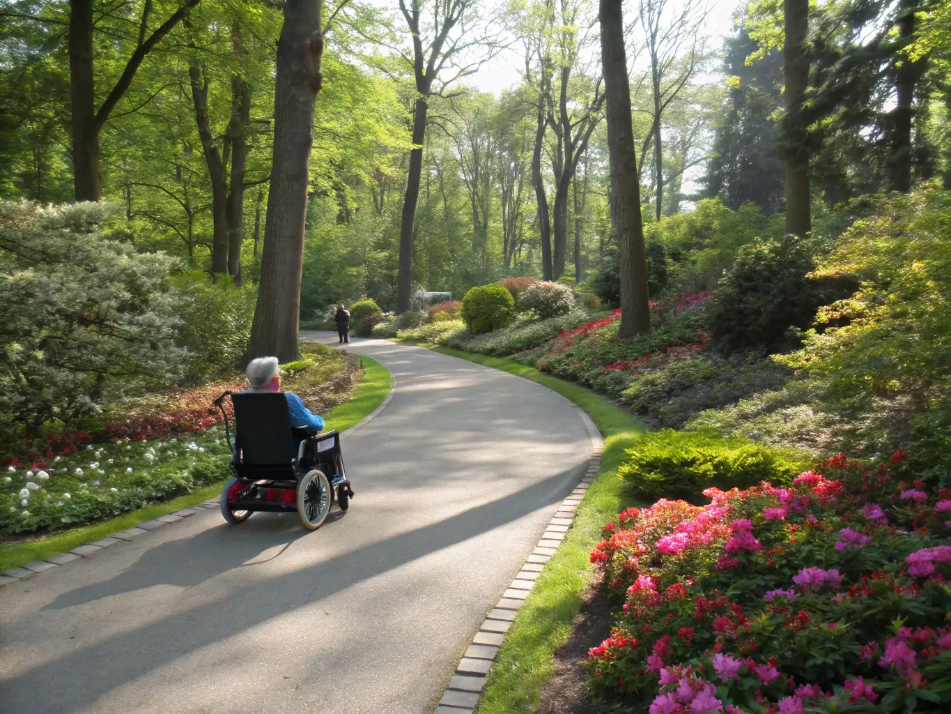 A scenic view of a well-maintained campsite with paved pathways, suitable for wheelchairs, surrounded by lush greenery and mature trees, emphasizing accessibility and natural beauty.