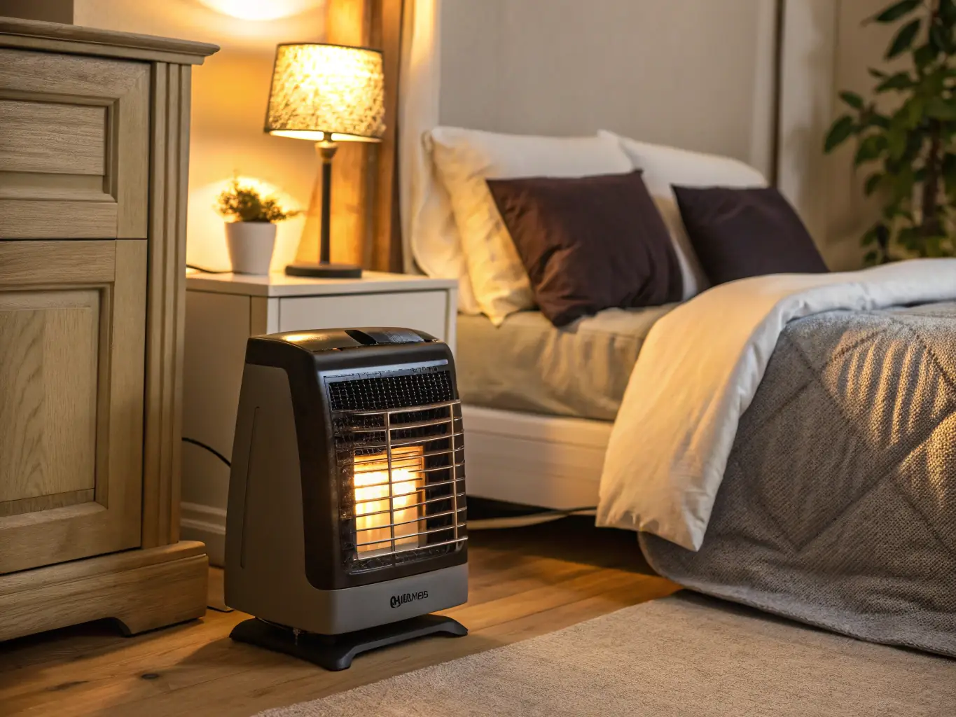 A close-up shot of a portable camping heater warming a pair of hands, with a blurred background of a cozy tent interior.