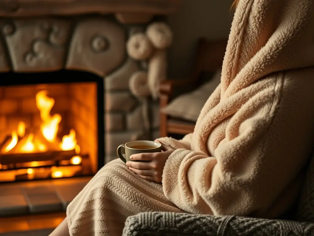 A senior camper is comfortably seated in a padded camping chair next to a crackling campfire, enjoying a cup of tea with a serene expression.