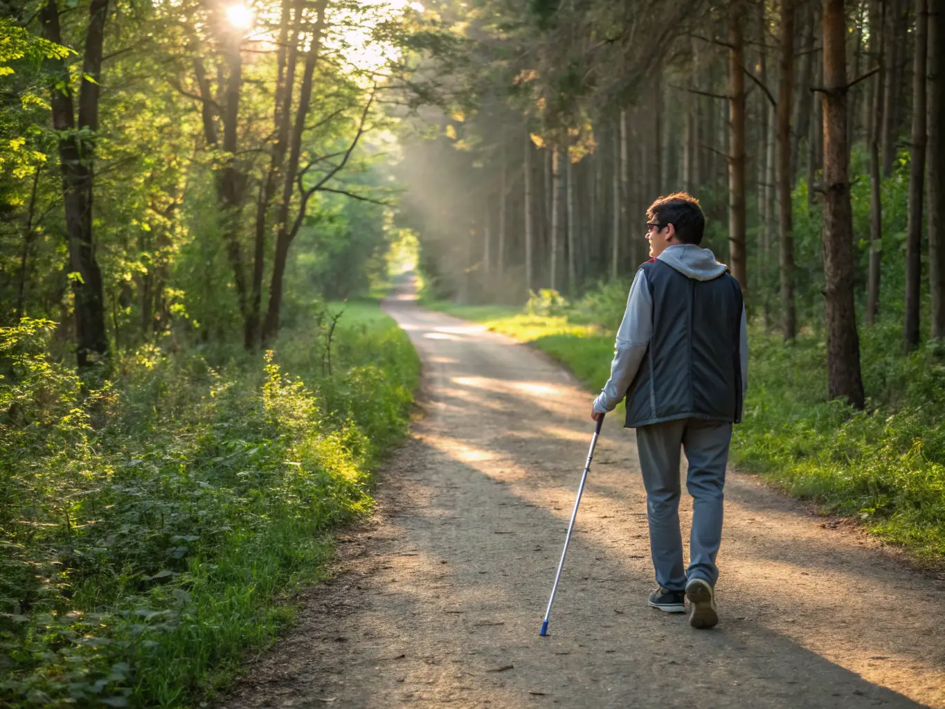 A senior camper is using trekking poles on a well-maintained trail, illustrating how these tools can provide stability and reduce strain on joints during hikes. The background features a scenic forest landscape.