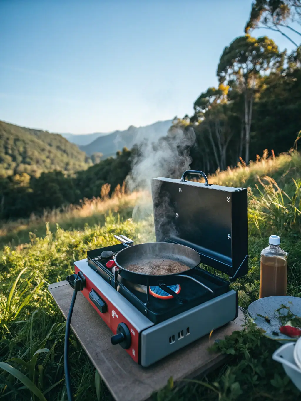 A portable camping stove with easy-to-use controls, with a senior man cooking a simple meal, demonstrating its user-friendly design and safety features.
