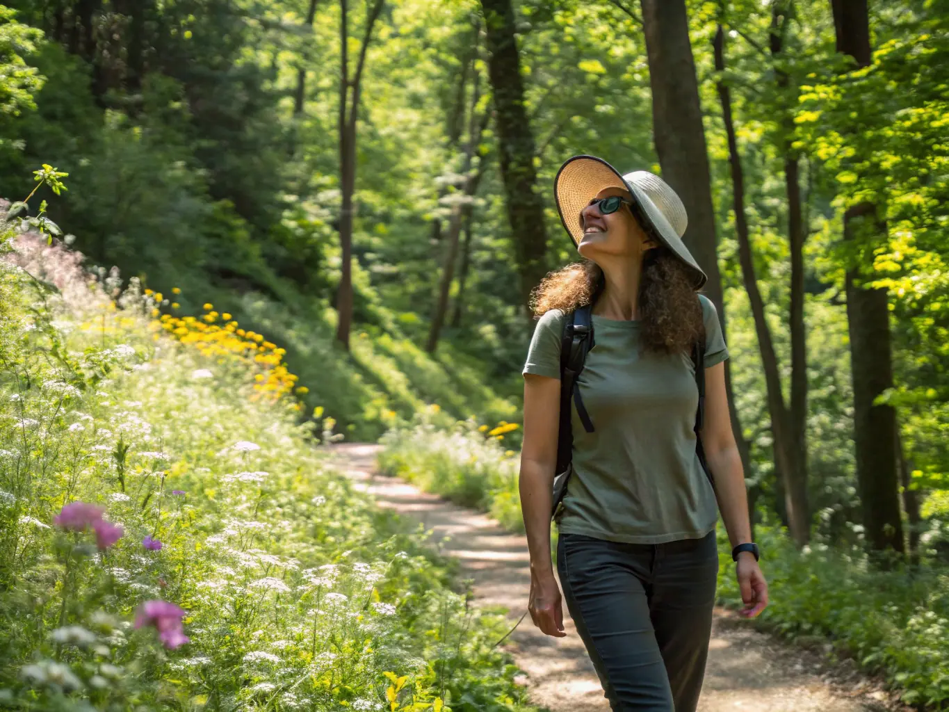 A senior camper using trekking poles on a well-maintained trail, showcasing the importance of mobility aids for stability and balance.