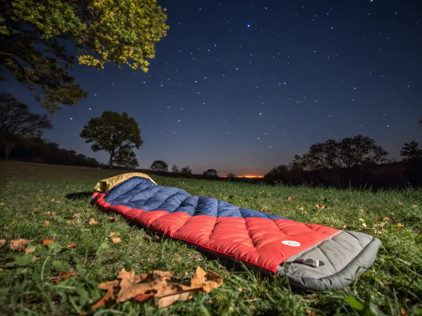 A cozy image of a senior camper comfortably nestled in a warm and lightweight sleeping bag under a starlit sky, highlighting the importance of a good night's sleep.