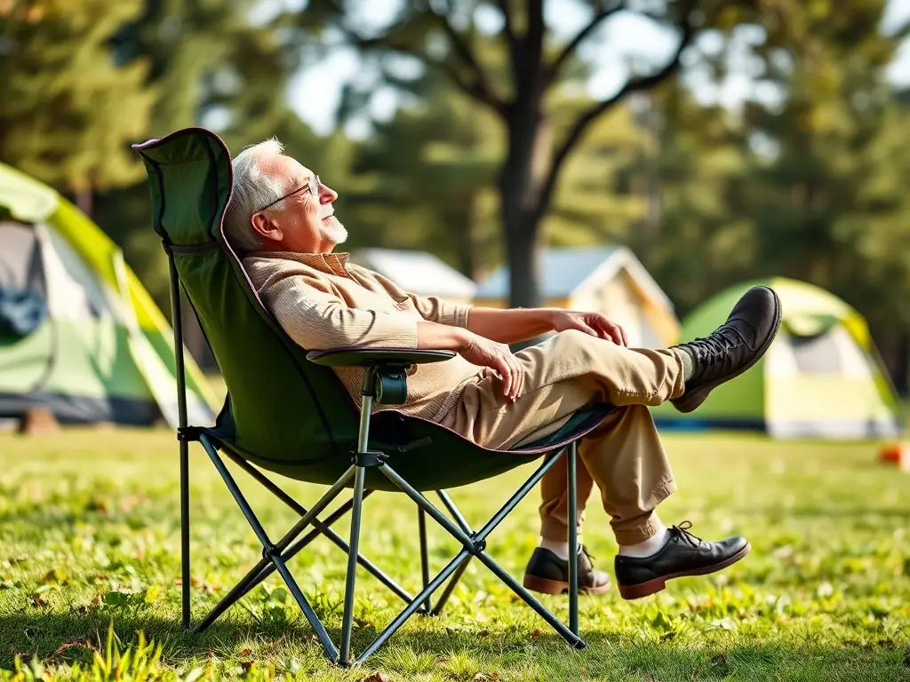 An inviting image of a comfortable camping chair with lumbar support, placed next to a crackling campfire, illustrating relaxation and support.